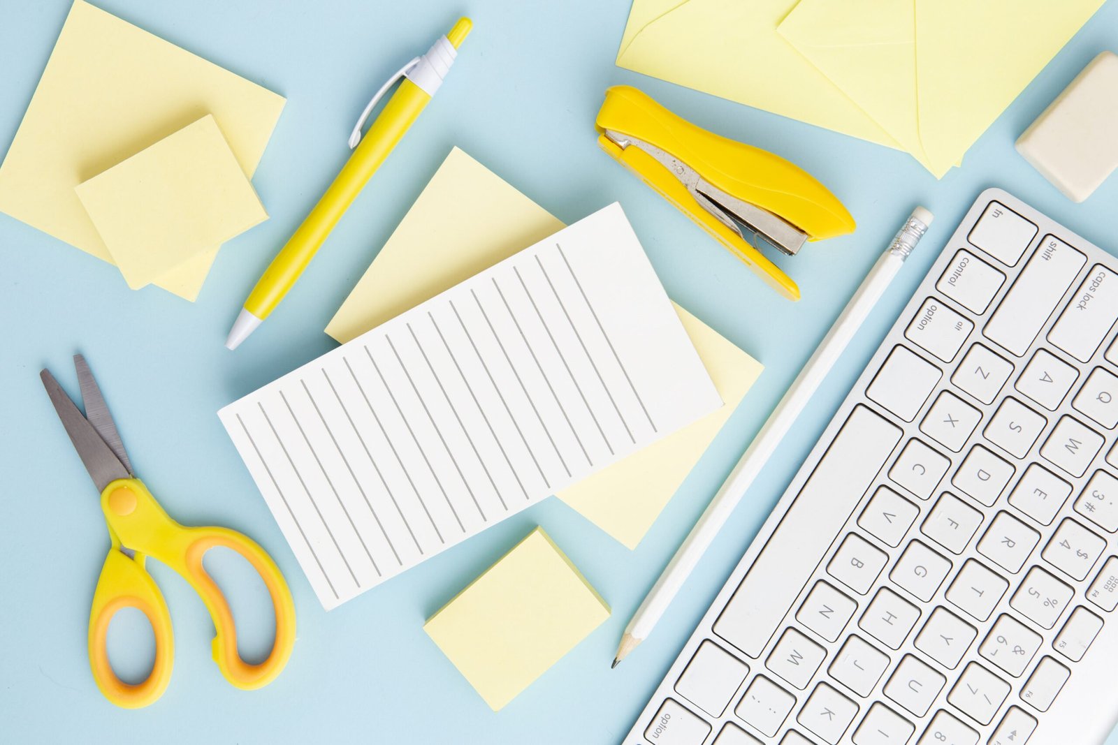 top-view-stationary-arrangement-blue-background